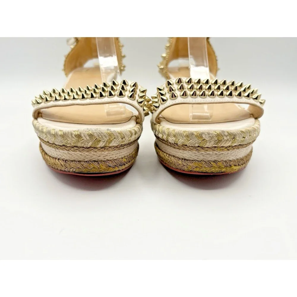 Christian Louboutin Madmonica 60 White Leather Gold Spike Wedge Espadrille EU 37
